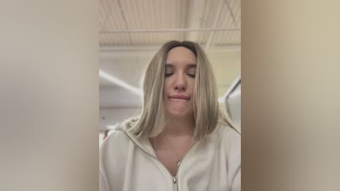 Media: Video of a young woman with straight, shoulder-length blonde hair, wearing a white hoodie, standing in a modern, beige-toned indoor setting with a ceiling fan.