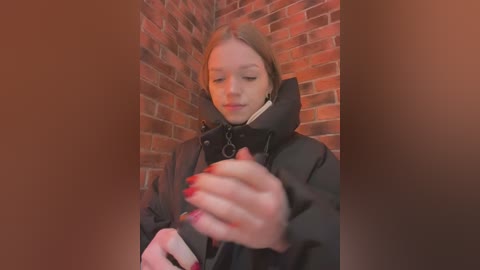 Media: Video of a young woman with light skin and straight, light brown hair, wearing a black jacket, standing against a brick wall. Her nails are painted red.