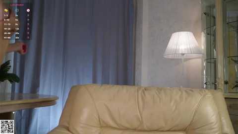 Media: Video of a living room with a beige leather sofa, a white lampshade, and blue curtains; a person's hand with red nail polish is visible.