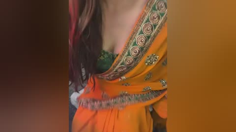 Media: A close-up video of a woman's chest in a bright orange sari with intricate gold embroidery and a green blouse peeking out, against a blurred, warm-toned background.