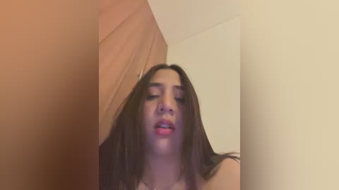 Media: Video of a Latina woman with long dark hair, light skin, and full lips, captured from a low angle, wearing a white top, partially obscured by a wooden door.