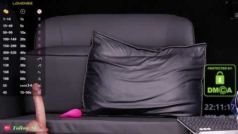 Media: Video of a black leather couch with a large black pillow and a pink vibrator on the left side, set against a dark background.