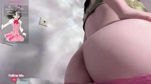 Media: A digital image featuring a close-up of a person's bare buttocks with a live stream overlay of a woman in a pink dress and white gloves.