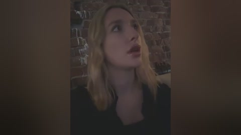 Media: A dimly lit video of a blonde woman with shoulder-length hair, wearing a black top, against a brick wall background. Her expression is contemplative, mouth slightly open.