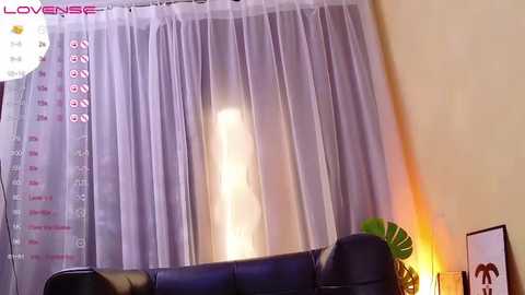 Media: Video of a cozy living room with a black leather couch, white sheer curtains, a green monstera plant, and a yellow lamp.