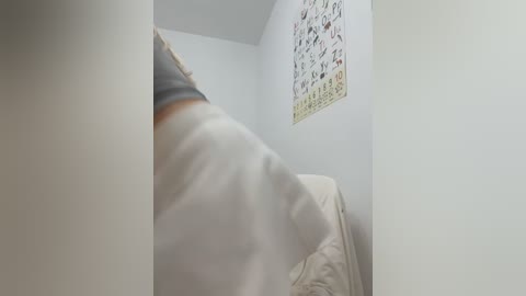 Media: Video of a person in a light-colored shirt bending over, partially obstructed by a white wall, with a wall calendar displaying various images in the background.