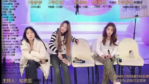 Media: Video of three young Asian women, dressed in casual attire, seated on beige chairs, holding microphones, in a TV studio with multicolored lighting and Korean text onscreen.