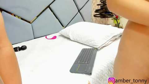 Media: Video of a modern bedroom with a gray keyboard on a white bed, light blue geometric-patterned headboard, and a pink vibrator on the pillow.