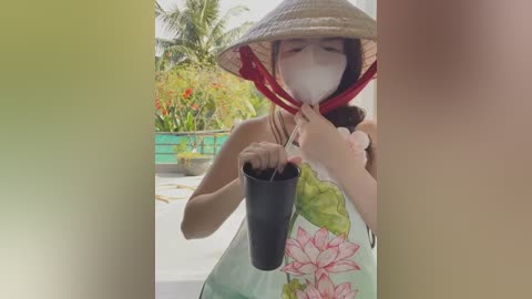 Media: Video of a Vietnamese woman with fair skin and long hair, wearing a conical hat and face mask, drinking water from a black cup, on a tropical balcony with greenery and palm trees.