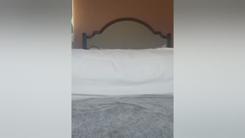 Media: A video of a neatly made bed with white sheets, gray blanket, and a wooden headboard with a curved top, against a beige wall in a softly lit room.