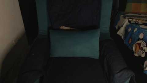 Media: A dimly lit video of a reclining chair with a blue cushion, partially visible under a dark blue blanket, set against a dark background. A colorful, patterned blanket lies to the right.