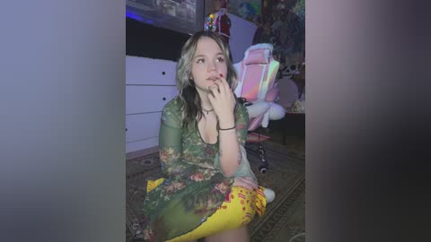 Media: Video of a young woman with light skin, shoulder-length blonde hair, wearing a floral dress, seated on the floor in a dimly lit room with a gaming chair and cluttered background.