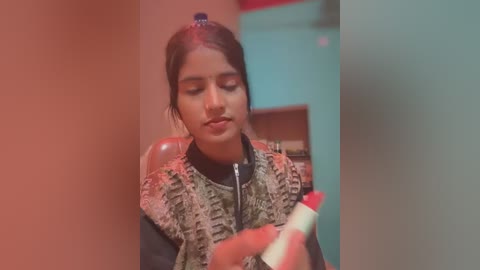 Media: Video of a young South Asian girl with light brown skin and straight black hair, wearing a patterned scarf and dark top, applying makeup in a dimly lit room with teal walls.