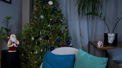 Media: Video of a cozy living room with a lit Christmas tree adorned with red, blue, and gold ornaments. A plush chair with turquoise and white cushions is in the foreground. A potted plant and a framed picture are on the side wall.