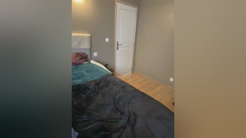 Media: Video of a cluttered bedroom with a beige wall, a messy bed with dark covers, a white door, and wooden flooring.