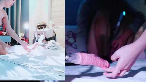 Media: Video montage: Left, a nude woman kneels on a bed with white sheets, touching a pink dildo. Right, a man's hands caress a pink dildo on a bed.