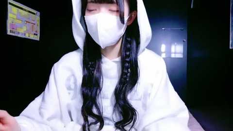 Media: Video of an Asian woman with long black hair, wearing a white surgical mask and gown, standing in a dimly lit, sterile room with a chart on the wall and a door in the background.