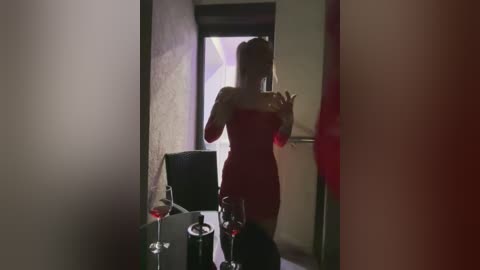 Media: Video of a woman in a red dress, silhouetted in a dimly-lit hallway, holding a glass of red wine, surrounded by dark furniture and a staircase.