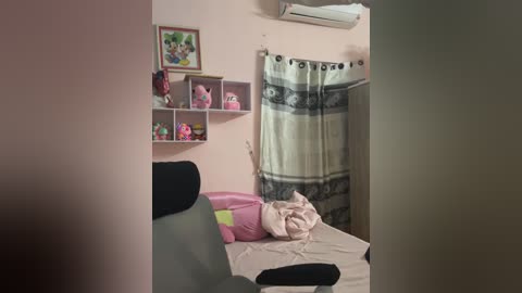 Media: Video of a small, cluttered bedroom with a pink bed, white curtains, air conditioner, and toy shelves.