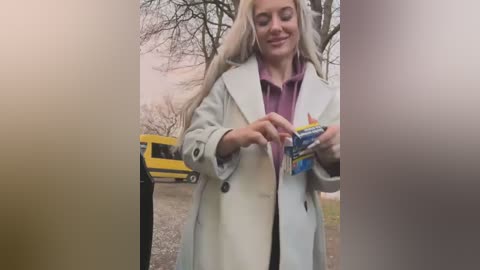 Media: Video of a blonde woman with fair skin, wearing a white coat and purple scarf, smiling while opening a candy wrapper outdoors. Background includes a yellow truck, bare trees, and a gravel path.