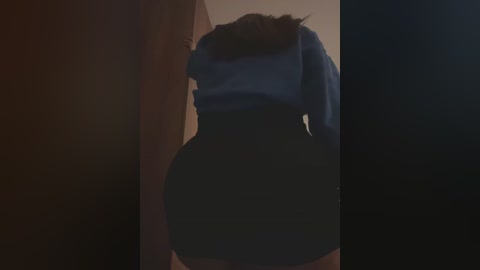 Media: Video of a woman's back in a dimly lit room, wearing a blue top and black skirt, standing in front of a partially closed door.