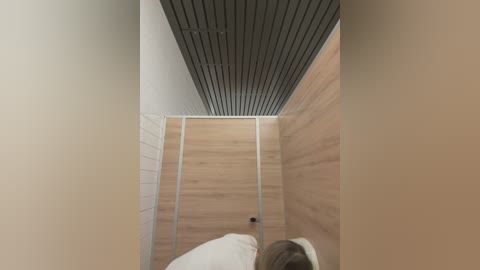 Media: Video of a narrow, wooden-paneled restroom with a black ceiling, showing a person's upper body from behind, wearing a white shirt, and a white towel draped over their shoulder.