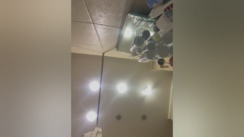 Media: A video of a modern bathroom with beige tiles, a glass shelf holding bottles and a towel, and four bright lights creating a lens flare effect.