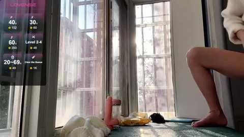 Media: A video depicts a woman exercising on a green mat in a bright, modern apartment with large windows and a cluttered floor, featuring a virtual reality headset and fitness equipment.