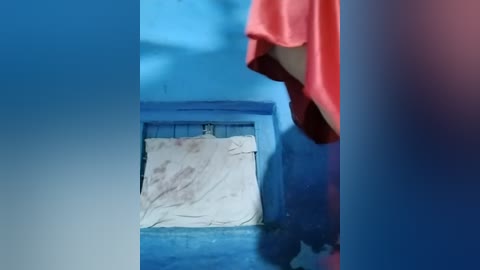 Media: Video of a blue-painted room with a white bedsheet partially covering a mattress. A bright orange towel hangs on the right, reflecting in the blue floor tiles.