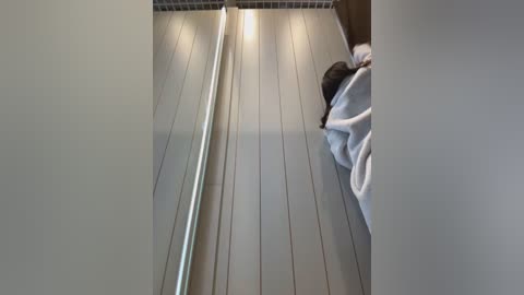 Media: A video of a person lying on a wooden floor, covered with a white blanket, under a ceiling light. The person\u2019s head is turned away, and the room has a minimalist, modern aesthetic.