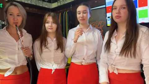 Media: Video of four young women in white shirts and red skirts, standing in a modern, brightly lit room with a colorful background, holding straws.