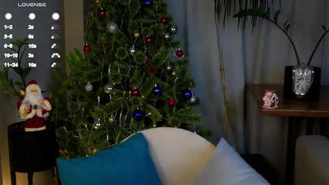 Media: A video of a cozy living room featuring a decorated Christmas tree with red, blue, and silver ornaments, a small Santa figurine, and a clock. The background includes a window with sheer curtains, a potted palm, and a wooden table with a decorative glass.