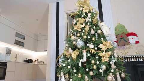 Media: Video of a festive, decorated Christmas tree with gold and white ornaments, situated in a modern kitchen with white cabinets and a stainless steel oven.