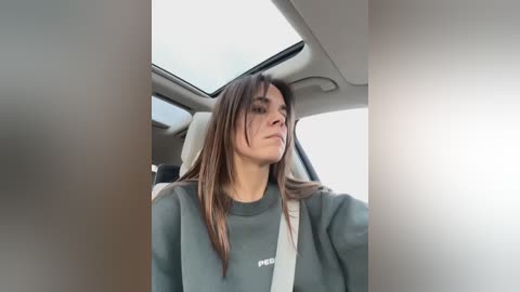 Media: Video of a young woman with straight brown hair, wearing a grey sweatshirt, seated in a car with beige upholstery. She appears to be in a reflective mood, looking out the window.