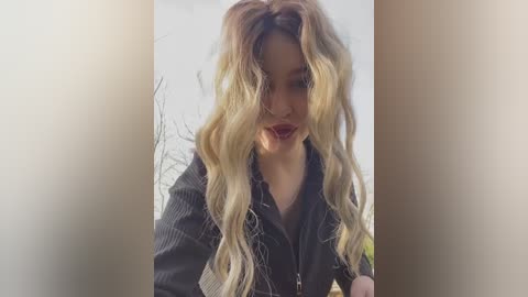 Media: Video of a young woman with long, wavy, blonde hair, wearing a black jacket, smiling with her head slightly tilted. Background features blurred, natural elements.