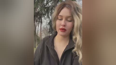 Media: Video of a young woman with long, wavy blonde hair, fair skin, and red lipstick, wearing a black jacket, standing outdoors in a forest with green foliage in the background.