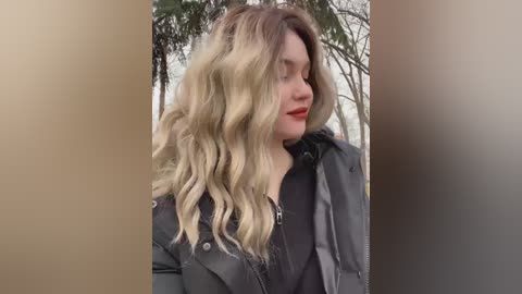 Media: Video of a woman with wavy, blonde hair, wearing a black leather jacket and red lipstick, standing outdoors against a blurred background of trees.