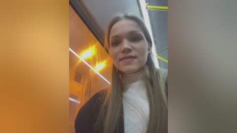 Media: Video of a Caucasian woman with long, straight brown hair, wearing a light sweater, smiling slightly. Background features warm wooden panels and modern lighting.