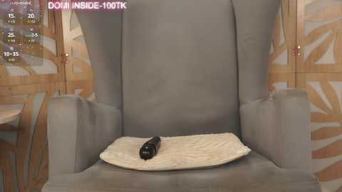 Media: A video of a gray armchair with a beige cushion, featuring a black remote control. The background has abstract orange and white patterns. The image is overlaid with a \"DOMIN Inside 100TK\" watermark and temperature and time indicators.