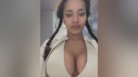 Video of a light-skinned woman with large breasts, wearing a white button-up shirt unbuttoned to reveal cleavage, braided brown hair, and neutral expression.