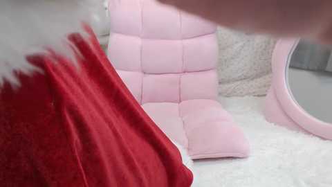 Media: Video of a pink, tufted, cushioned chair with a round mirror and a fluffy, white rug. A red blanket is draped over the chair. The background includes a white, textured wall.