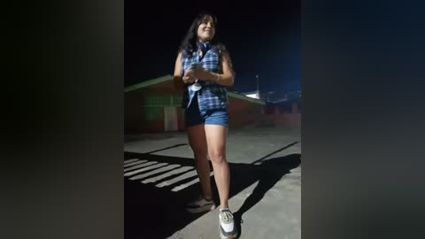 Media: Video of a young woman in a blue plaid shirt and denim shorts, walking on a sunlit concrete path, with a shadow cast behind her, set against a dark, nighttime background with a distant cityscape.