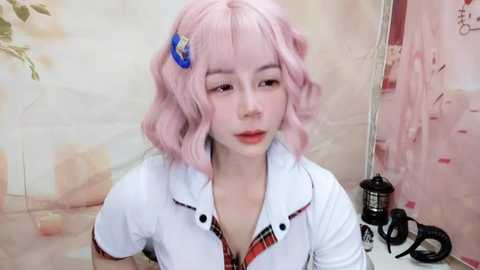 Media: Video of a young Asian woman with pale pink, wavy hair, wearing a white shirt with a red plaid tie, standing in front of a floral wallpaper background.