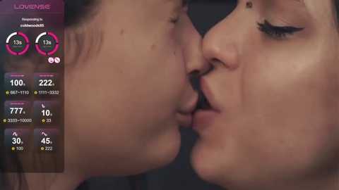 Media: A close-up video of two women passionately kissing, showing their faces and lips in a tender embrace. The background is blurred, focusing on the intimate moment.