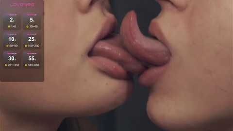 Media: Video of two women with fair skin, kissing, tongues intertwined, with a digital overlay showing \"Lick Time\" statistics.