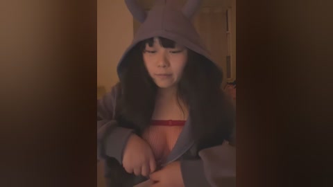 Media: A video of an East Asian woman with long black hair, wearing a gray bunny hoodie, exposing her red bra and medium-sized breasts.