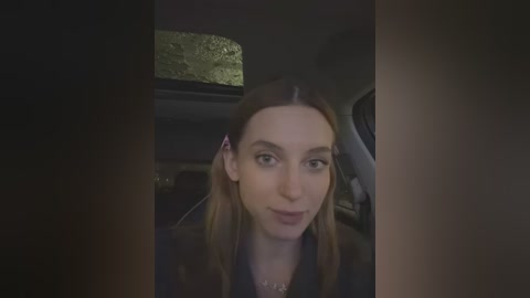 Media: Video of a Caucasian woman with straight brown hair, wearing a dark jacket, smiling slightly, taken inside a dimly lit car with a gold patterned ceiling.