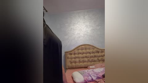 Media: A video of a dimly lit bedroom with a beige tufted headboard, a pink bedspread, and a partially visible black TV in the foreground. The room has textured silver walls and a lamp in the background.