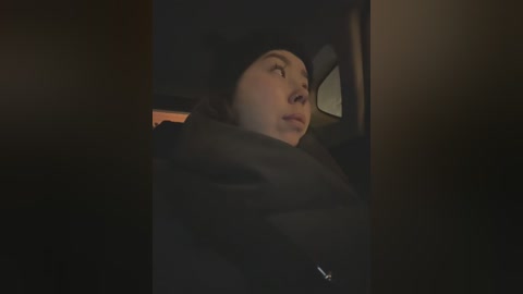 Media: A video of a young woman with light skin and a contemplative expression, wearing a black beanie and dark coat, seated in a dimly lit car.