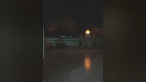 Media: Video of a dimly lit, wet, outdoor pool area at night. The pool's surface reflects a soft, yellowish light from a nearby lamp, casting a serene ambiance.